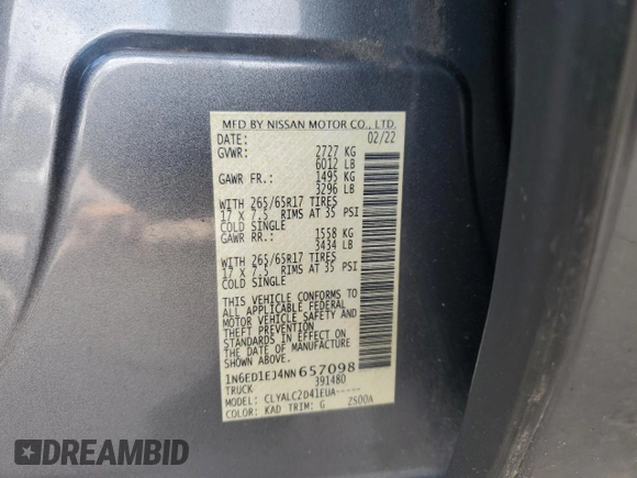 2022 Nissan Frontier SV with VIN 1N6ED1EJ4NN657098, listed as a Copart auction lot 61409315 with 29,651 mi miles and Salvage title. Bid and sale history available at DreamBid. Image 12.