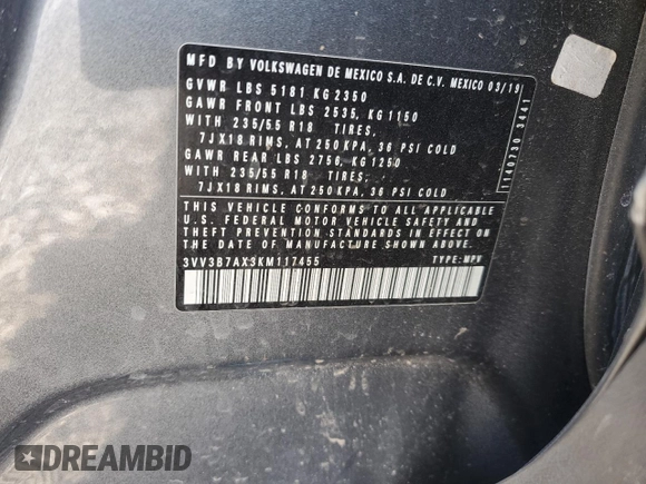 2019 Volkswagen Tiguan SE with VIN 3VV3B7AX3KM117455, listed as a Copart auction lot 45728245 with 90,472 mi miles and Salvage Title. Bid and sale history available at DreamBid. Image 15.
