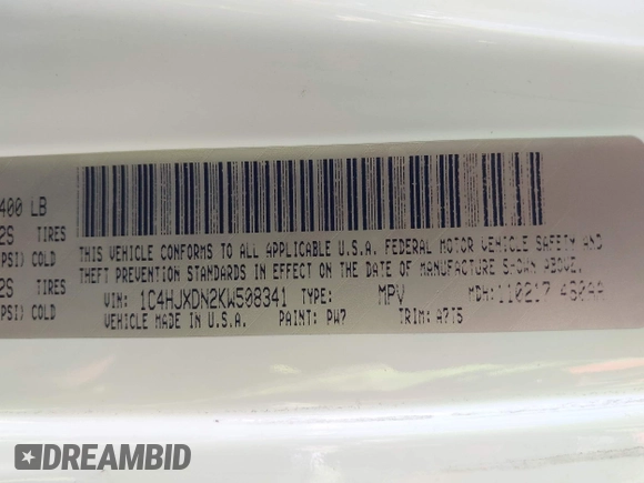 2019 Jeep Wrangler Unlimited Sport S with VIN 1C4HJXDN2KW508341, listed as a IAAI auction lot 42286619 with 49,410 mi miles and . Bid and sale history available at DreamBid. Image 9.