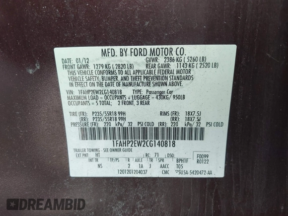 2012 Ford Taurus SEL with VIN 1FAHP2EW2CG140818, listed as a IAAI auction lot 42101815 with 55,323 mi miles and . Bid and sale history available at DreamBid. Image 9.