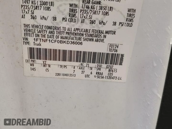 2011 Ford F-150 XL with VIN 1FTNF1CF0BKD36006, listed as a Copart auction lot 47187975 with 141,090 mi miles and Salvage Title. Bid and sale history available at DreamBid. Image 12.