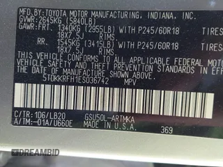 2014 Toyota Highlander XLE z VIN 5TDKKRFH1ES036742, wystawiony jako IAAI lot #42167218 z przebiegiem 165 837 mil mil oraz . Historia ofert i sprzedaży dostępna na DreamBid. Obrazek 9.