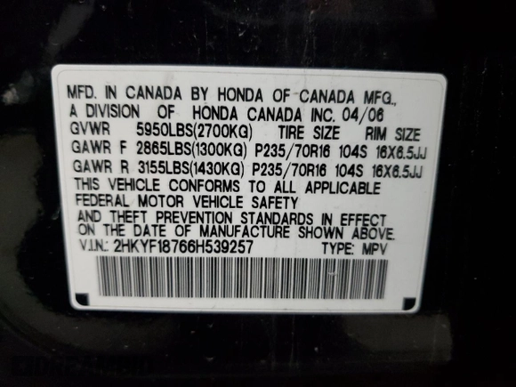 2006 Honda Pilot EX-L with VIN 2HKYF18766H539257, listed as a Copart auction lot 49101135 with 123,968 mi miles and Clean Title. Bid and sale history available at DreamBid. Image 12.