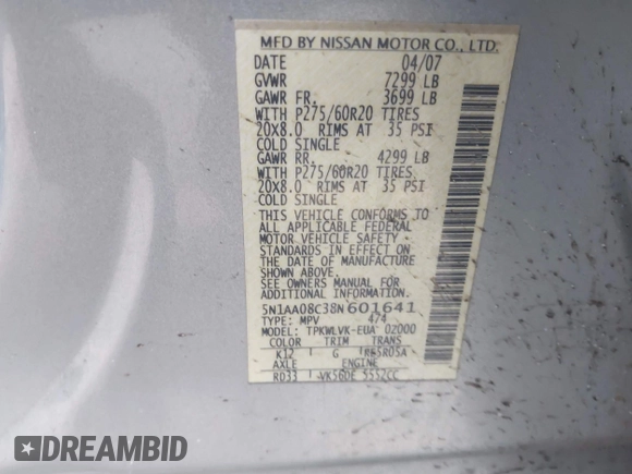 2008 Nissan Armada SE z VIN 5N1AA08C38N601641, wystawiony jako IAAI lot #41569296 z przebiegiem 223 865 mil mil oraz . Historia ofert i sprzedaży dostępna na DreamBid. Obrazek 9.