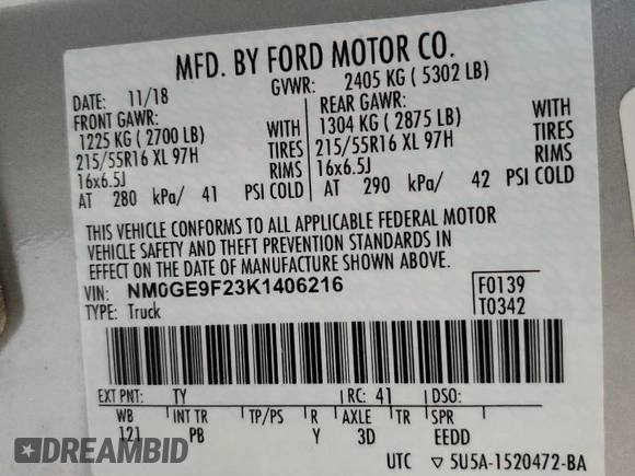 2019 Ford Transit Connect XLT with VIN NM0GE9F23K1406216, listed as a Copart auction lot 58146145 with 105,015 mi miles and Non repairable. Bid and sale history available at DreamBid. Image 13.
