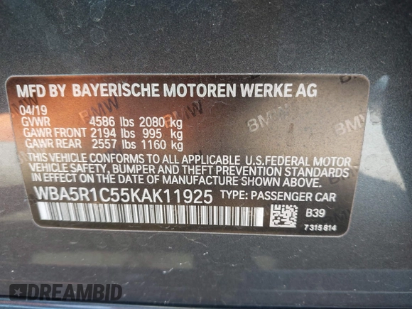 2019 BMW 3 Series 330i with VIN WBA5R1C55KAK11925, listed as a IAAI auction lot 41982248 with 62,711 mi miles and . Bid and sale history available at DreamBid. Image 9.