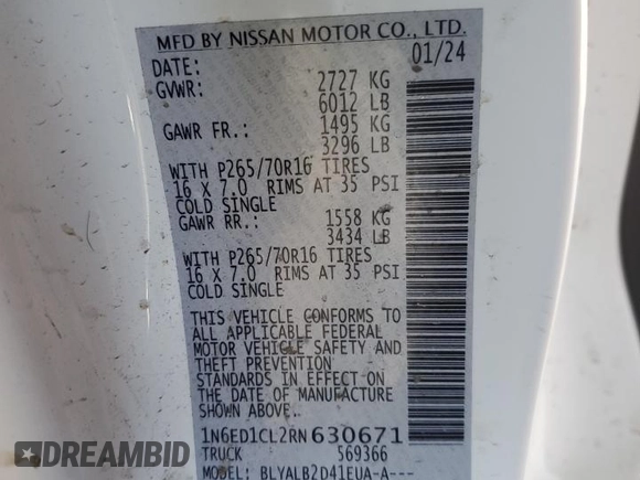 2024 Nissan Frontier S z VIN 1N6ED1CL2RN630671, wystawiony jako Copart lot #42723515 z przebiegiem Nie podano mil oraz Szkoda całkowita • Salvage title. Historia ofert i sprzedaży dostępna na DreamBid. Obrazek 12.