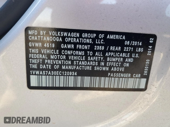 2014 Volkswagen Passat S with VIN 1VWAS7A30EC120934, listed as a Copart auction lot 86300754 with 91,176 mi miles and Salvage Title. Bid and sale history available at carsss.com. Image 13.