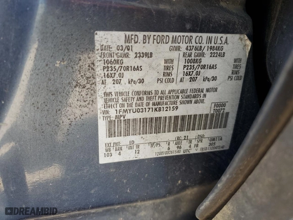 2001 Ford Escape XLT with VIN 1FMYU03171KB12159, listed as a Copart auction lot 87974165 with 0 mi miles and Salvage Title. Bid and sale history available at carsss.com. Image 13.