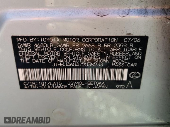 2007 Lexus ES 330 with VIN JTHBJ46G472038233, listed as a Copart auction lot 48619545 with 236,990 mi miles and Salvage Title. Bid and sale history available at DreamBid. Image 12.