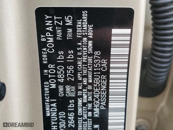2011 Hyundai Genesis with VIN KMHGC4DE5BU115378, listed as a Copart auction lot 45791005 with 26,112 mi miles and Salvage Title. Bid and sale history available at carsss.com. Image 12.