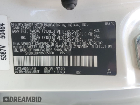 2011 Toyota Sienna XLE z VIN 5TDDK3DC1BS005600, wystawiony jako Copart lot #57795425 z przebiegiem 176 883 mil mil oraz Szkoda całkowita • Salvage title. Historia ofert i sprzedaży dostępna na DreamBid. Obrazek 14.