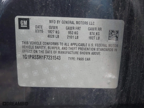 2015 Chevrolet Cruze LS with VIN 1G1PA5SH1F7231543, listed as a IAAI auction lot 42031679 with 197,503 mi miles. Bid and sale history available at carsss.com. Image 9.