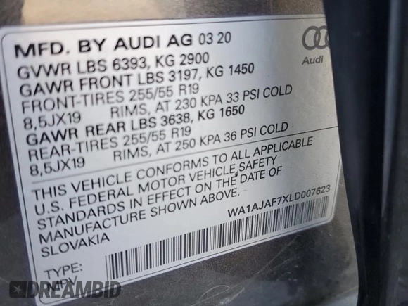 2020 Audi Q7 Premium with VIN WA1AJAF7XLD007623, listed as a Copart auction lot 46716255 with 28,082 mi miles and Salvage Title. Bid and sale history available at carsss.com. Image 13.