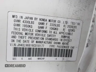 2006 Acura TSX z VIN JH4CL96816C018177, wystawiony jako IAAI lot #42071755 z przebiegiem 178 992 mil mil oraz . Historia ofert i sprzedaży dostępna na DreamBid. Obrazek 9.