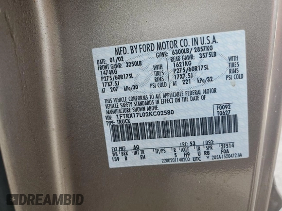 2002 Ford F-150 XL with VIN 1FTRX17L02KC02580, listed as a Copart auction lot 60859595 with 175,892 mi miles and Salvage title. Bid and sale history available at DreamBid. Image 12.