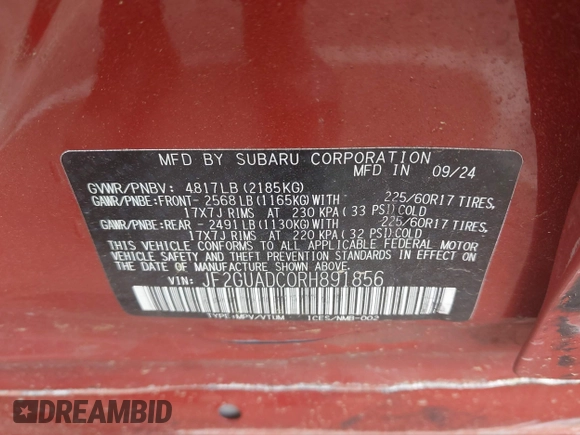 2024 Subaru Crosstrek Premium with VIN JF2GUADC0RH891856, listed as a IAAI auction lot 42385366 with 3,651 mi miles and . Bid and sale history available at DreamBid. Image 9.