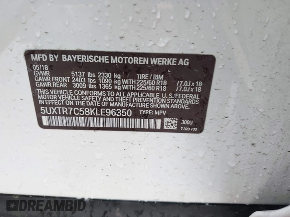 2019 BMW X3 sDrive30i with VIN 5UXTR7C58KLE96350, listed as a IAAI auction lot 41966527 with Not Provided miles and . Bid and sale history available at DreamBid. Image 9.