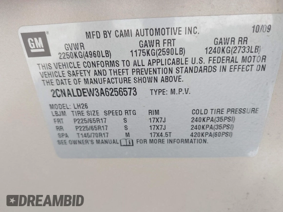 2010 Chevrolet Equinox LT w/1LT with VIN 2CNALDEW3A6256573, listed as a IAAI auction lot 41889787 with 79,667 mi miles. Bid and sale history available at carsss.com. Image 9.