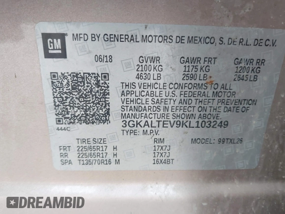 2019 GMC Terrain SLE with VIN 3GKALTEV9KL103249, listed as a IAAI auction lot 42486848 with 92,373 mi miles and . Bid and sale history available at DreamBid. Image 9.