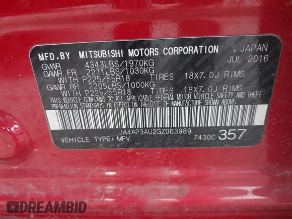 2016 Mitsubishi Outlander Sport 2.0 ES with VIN JA4AP3AU2GZ063989, listed as a IAAI auction lot 41084564 with 96,267 mi miles. Bid and sale history available at carsss.com. Image 9.