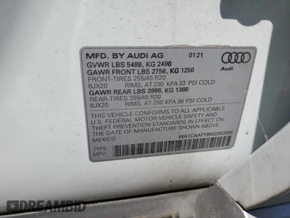 2021 Audi Q5 Prestige with VIN WA1CAAFY9M2053068, listed as a Copart auction lot 61033985 with 48,415 mi miles and Non repairable. Bid and sale history available at DreamBid. Image 13.