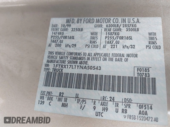 2000 Ford F-150 XL с VIN 1FTRX17L1YNA50543, выставлен на аукционе IAAI как лот 41864001 с пробегом 251 925 миль миль и . История ставок и продаж доступна на DreamBid. Изображение 9.