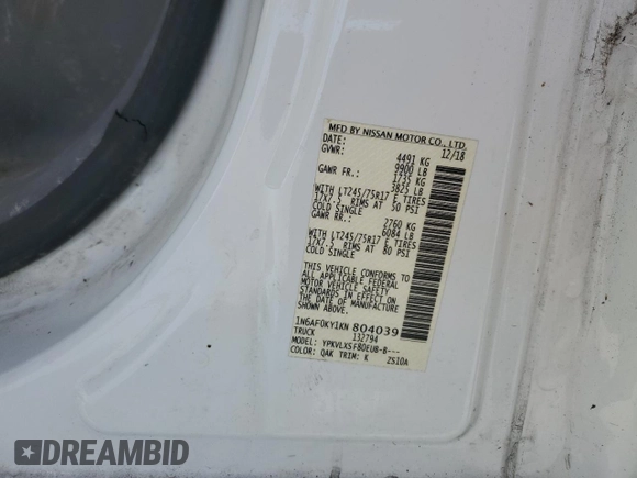 2019 Nissan NV SV with VIN 1N6AF0KY1KN804039, listed as a Copart auction lot 46858085 with 105,479 mi miles and Salvage Title. Bid and sale history available at carsss.com. Image 13.