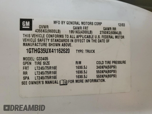2004 GMC Savana Cargo Van with VIN 1GTHG35UX41162620, listed as a Copart auction lot 42959915 with 222,316 mi miles and Salvage Title. Bid and sale history available at carsss.com. Image 14.