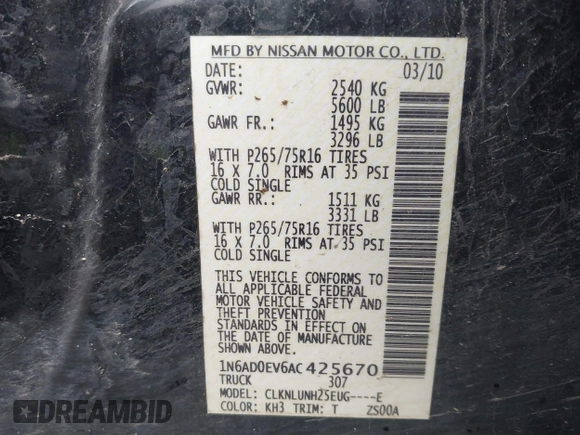 2010 Nissan Frontier SE with VIN 1N6AD0EV6AC425670, listed as a IAAI auction lot 39042986 with 107,020 mi miles and . Bid and sale history available at DreamBid. Image 9.