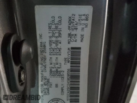 2004 Toyota Sienna with VIN 5TDZA29C24S020556, listed as a Copart auction lot 49526725 with 243,468 mi miles and Clean Title. Bid and sale history available at DreamBid. Image 13.