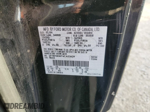 2004 Ford F-150 with VIN 2FTRF08W74CA53629, listed as a Copart auction lot 87326734 with 229,631 mi miles and Salvage title. Bid and sale history available at DreamBid. Image 12.