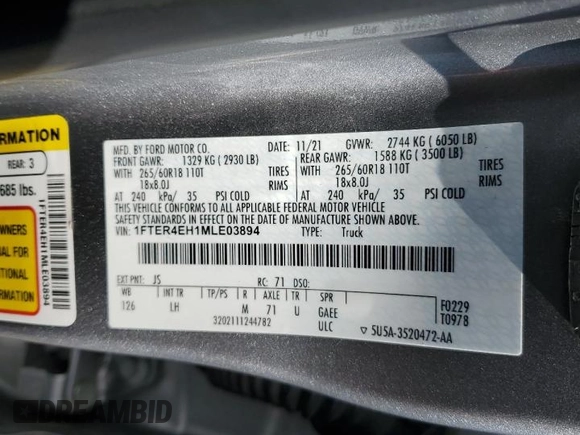 2021 Ford Ranger XL with VIN 1FTER4EH1MLE03894, listed as a Copart auction lot 62397075 with 67,179 mi miles and Salvage title. Bid and sale history available at DreamBid. Image 12.