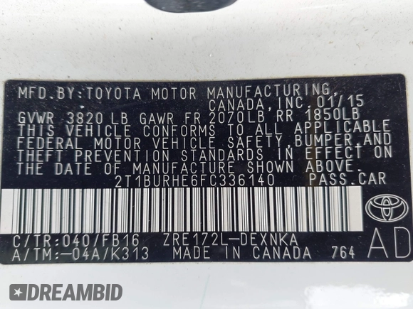 2015 Toyota Corolla L z VIN 2T1BURHE6FC336140, wystawiony jako IAAI lot #42260191 z przebiegiem 123 883 mil mil oraz . Historia ofert i sprzedaży dostępna na DreamBid. Obrazek 9.