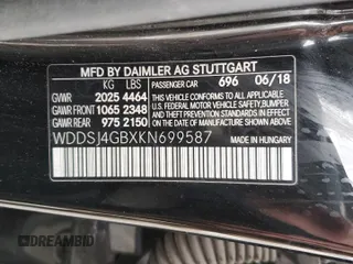 2019 Mercedes-Benz CLA 250 with VIN WDDSJ4GBXKN699587, listed as a Copart auction lot 37837343 with 70,283 mi miles and . Bid and sale history available at DreamBid. Image 12.