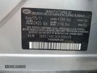 2012 Hyundai Sonata 2.4L Limited PZEV with VIN 5NPEC4AC3CH356429, listed as a Copart auction lot 51300595 with 154,298 mi miles and Salvage Title. Bid and sale history available at carsss.com. Image 12.