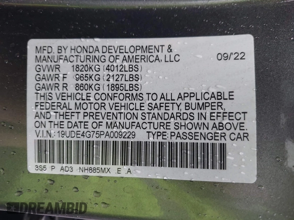 2023 Acura Integra Technology with VIN 19UDE4G75PA009229, listed as a IAAI auction lot 41581684 with Not Provided miles and . Bid and sale history available at DreamBid. Image 9.