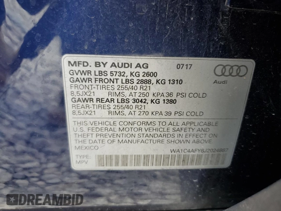2018 Audi SQ5 Prestige with VIN WA1C4AFY6J2024887, listed as a Copart auction lot 69635524 with 71,905 mi miles and Salvage Title. Bid and sale history available at DreamBid. Image 14.
