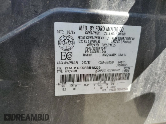 2015 Ford Edge SEL with VIN 2FMTK4J90FBB18239, listed as a Copart auction lot 58411614 with 92,888 mi miles and Salvage Title. Bid and sale history available at carsss.com. Image 12.