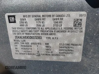 2013 GMC Terrain SLT with VIN 2GKALWEK5D6372363, listed as a IAAI auction lot 42519219 with 179,768 mi miles and . Bid and sale history available at DreamBid. Image 9.