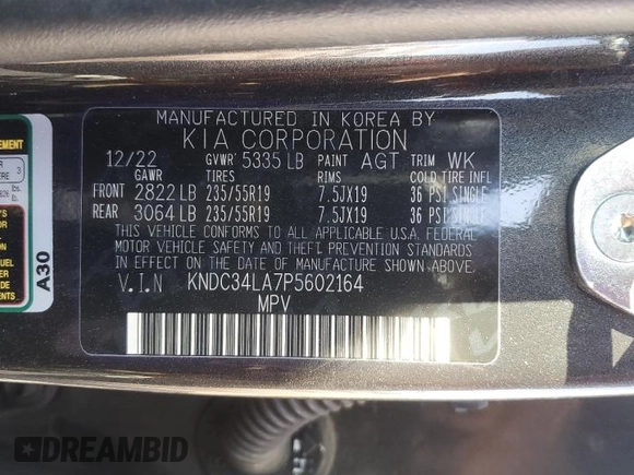 2023 Kia EV6 Wind with VIN KNDC34LA7P5602164, listed as a Copart auction lot 74350274 with 53,604 mi miles and Clean Title. Bid and sale history available at carsss.com. Image 14.