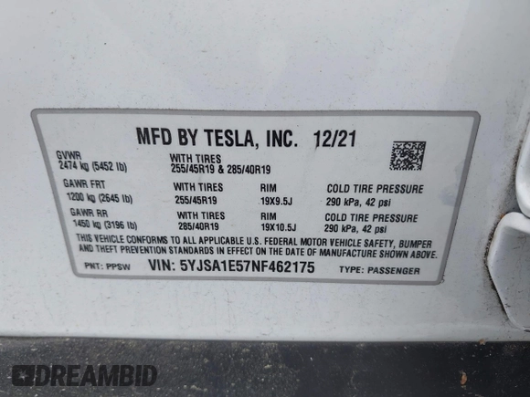 2022 Tesla Model S with VIN 5YJSA1E57NF462175, listed as a IAAI auction lot 42231439 with Not provided miles and . Bid and sale history available at DreamBid. Image 9.