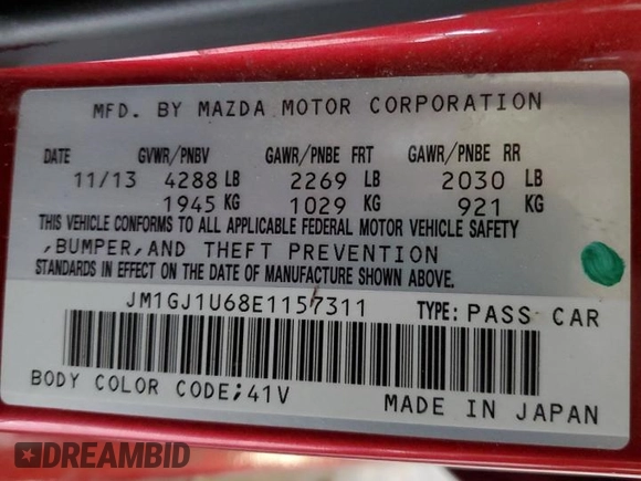 2014 Mazda 6 i Sport with VIN JM1GJ1U68E1157311, listed as a Copart auction lot 50371425 with 211,057 mi miles and Salvage Title. Bid and sale history available at DreamBid. Image 12.