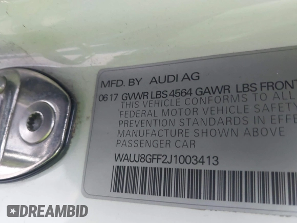 2018 Audi A3 Sedan Premium Plus with VIN WAUJ8GFF2J1003413, listed as a IAAI auction lot 41535243 with 109,454 mi miles. Bid and sale history available at carsss.com. Image 9.