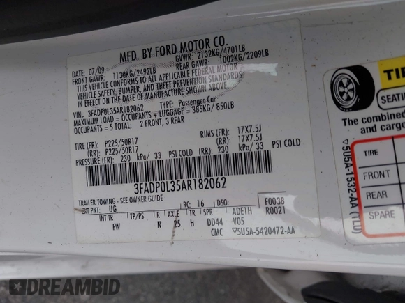 2010 Ford Fusion Hybrid with VIN 3FADP0L35AR182062, listed as a IAAI auction lot 42399945 with 101,565 mi miles and . Bid and sale history available at DreamBid. Image 9.