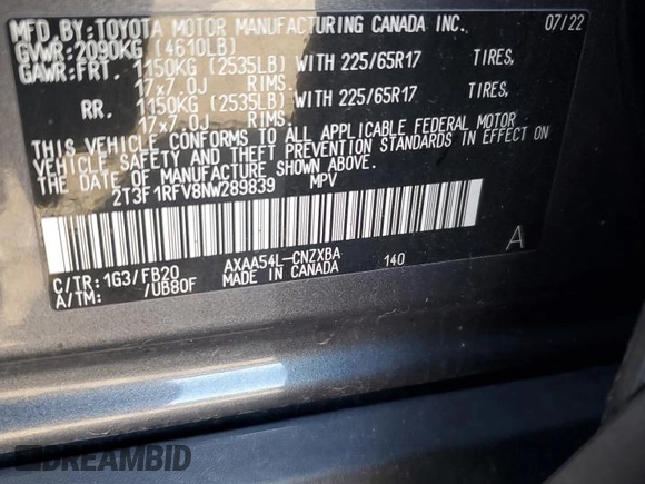 2022 Toyota RAV4 LE with VIN 2T3F1RFV8NW289839, listed as a Copart auction lot 47066075 with 54,189 mi miles and Non Repairable. Bid and sale history available at carsss.com. Image 13.