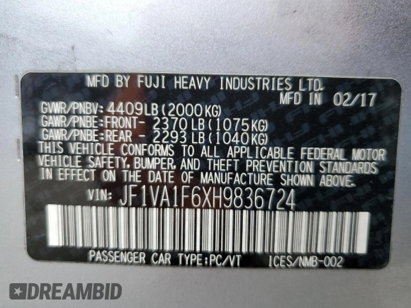 2017 Subaru WRX Premium with VIN JF1VA1F6XH9836724, listed as a Copart auction lot 58775385 with 135,483 mi miles and Salvage title. Bid and sale history available at DreamBid. Image 12.