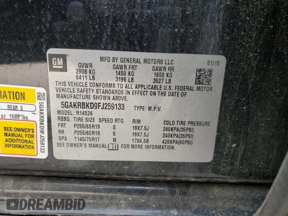 2015 Buick Enclave Leather with VIN 5GAKRBKD9FJ259133, listed as a Copart auction lot 51768265 with 161,621 mi miles and Salvage Title. Bid and sale history available at carsss.com. Image 16.