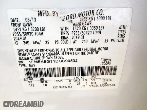 2013 Ford Explorer Sport z VIN 1FM5K8GT1DGC90532, wystawiony jako Copart lot #56433835 z przebiegiem 243 088 mil mil oraz Szkody całkowita. Historia ofert i sprzedaży dostępna na DreamBid. Obrazek 14.