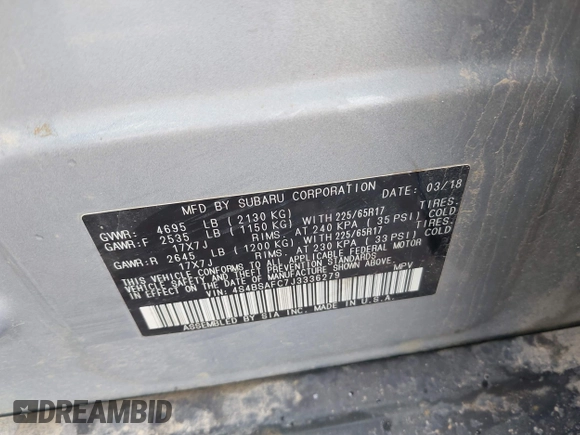 2018 Subaru Outback Premium z VIN 4S4BSAFC7J3336279, wystawiony jako IAAI lot #42352324 z przebiegiem 132 707 mil mil oraz . Historia ofert i sprzedaży dostępna na DreamBid. Obrazek 9.
